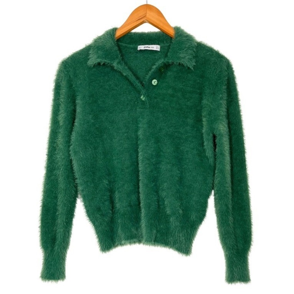 Zara Knit Green Eyelash Fuzzy Polo Sweater Collared Long Sleeve Medium